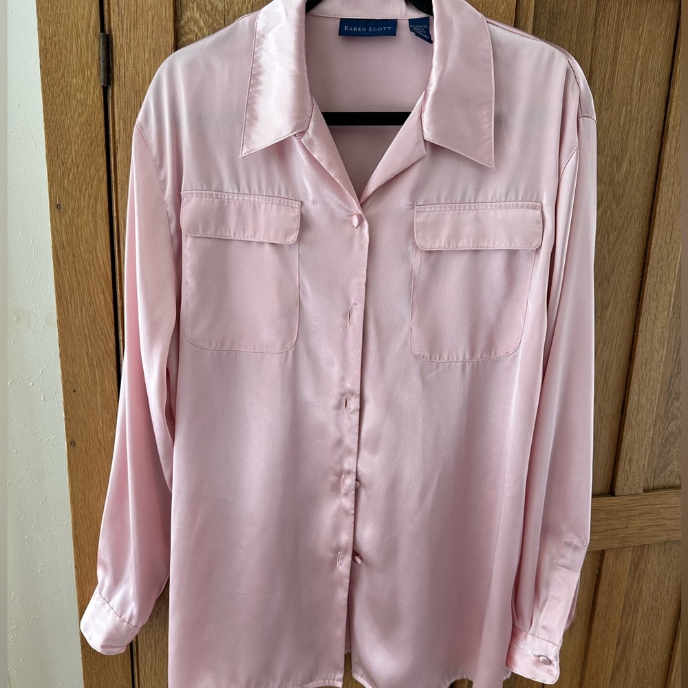 Light Pink Shiny Button Down Blouse, Karen Scott, Size L